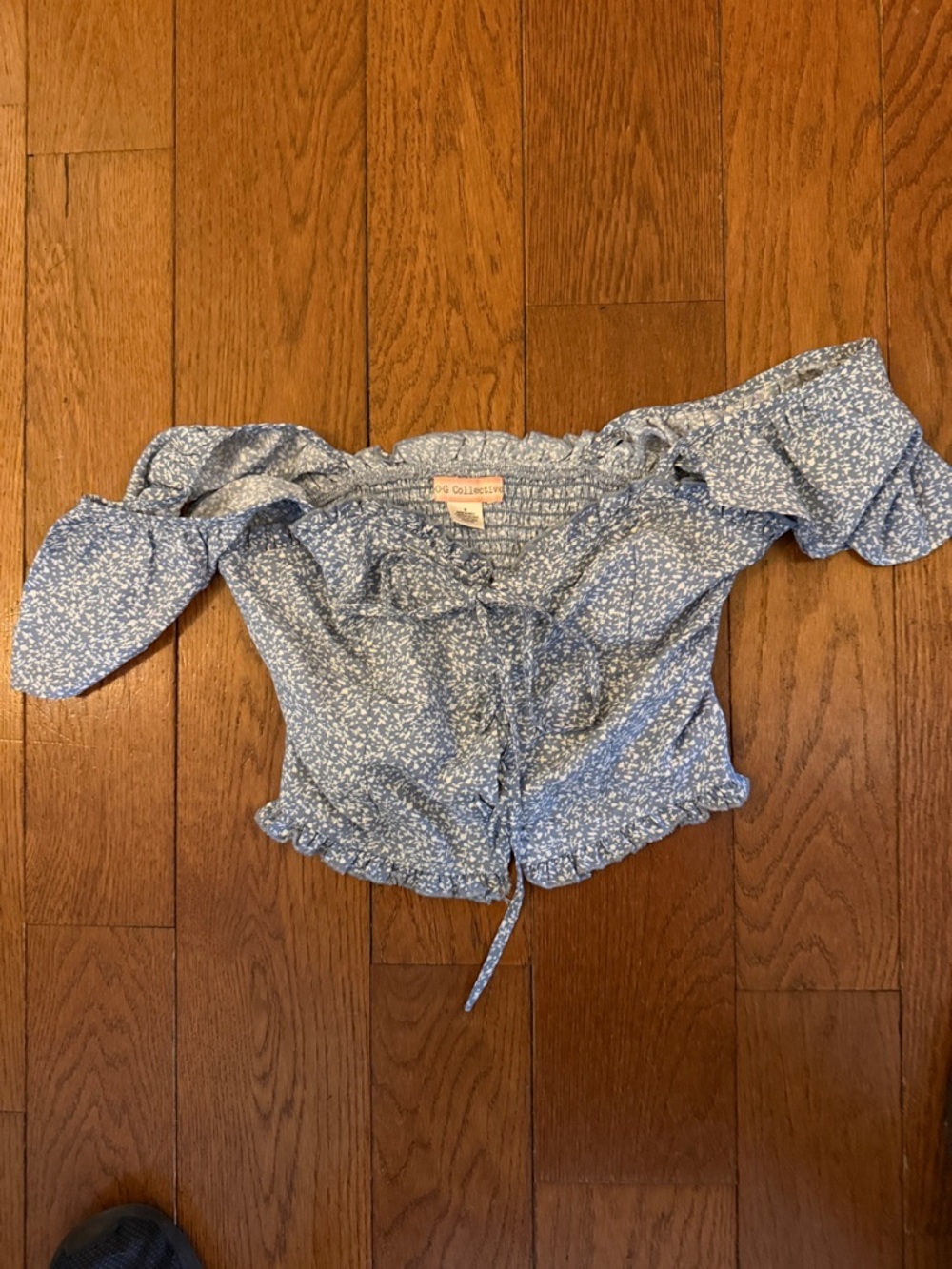 Smocked Blue Floral Off-the-Shoulder Crop Top
